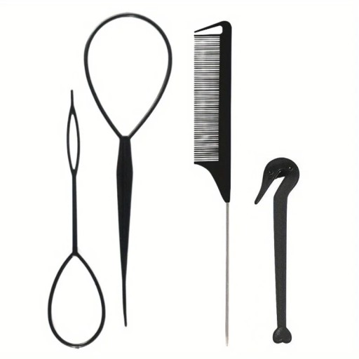 4 Piece Hair Styling Tool Set Hair Loops French Braids Comb with Handle Hair Tie Remover Hairdressing Supplies