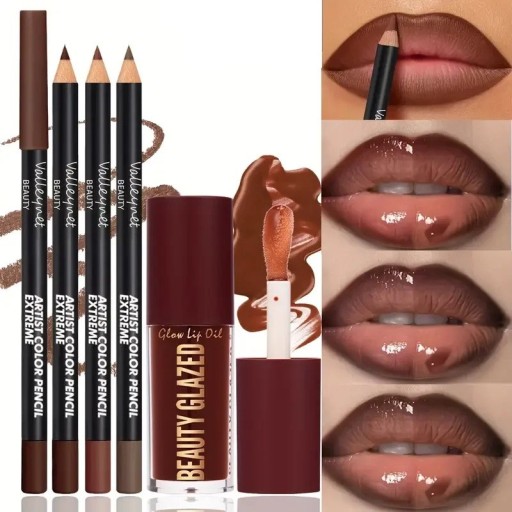 4 Piece Set of Lip Contour Pencils and Oils Waterproof Long-Lasting Hydrating Makeup for Lip Definition