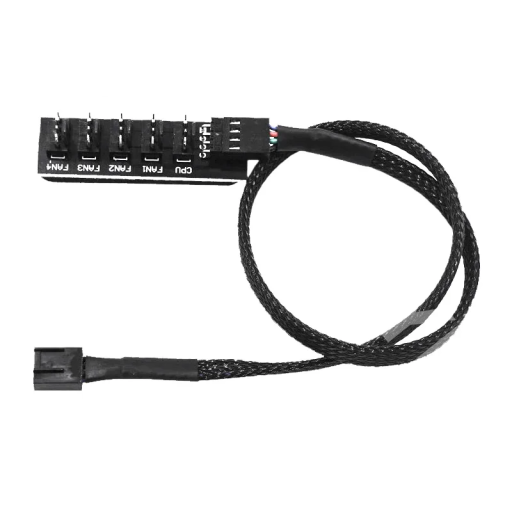 4-polet ventilatorfordeler 1 til 5 med aftagelig 33 cm tekstilkabel til PC-køling, han- og hunstik, længde 40,5 cm