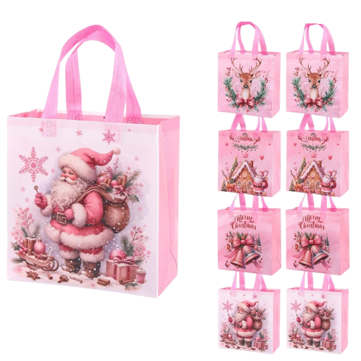 4 sacs-cadeaux de Noël 23 x 22 x 11 cm en tissu non tissé Père Noël Sacs réutilisables avec motifs et décorations de Noël