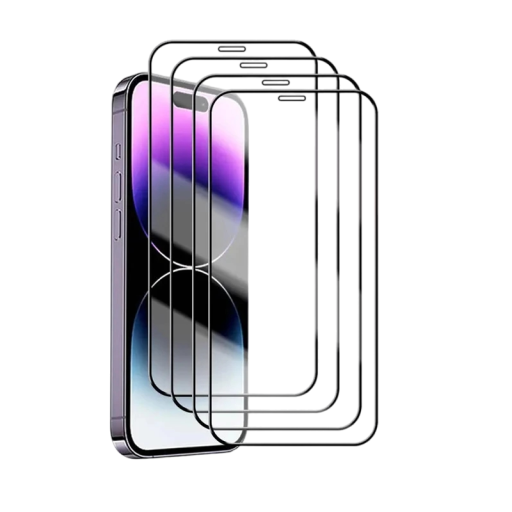 4 stk. hærdet glas til iPhone 16 Plus med sort ramme. Beskyttelsesglas til iPhone 16 Plus med sort ramme. Klart beskyttelsesglas til iPhone 16 Plus. 4 stk.