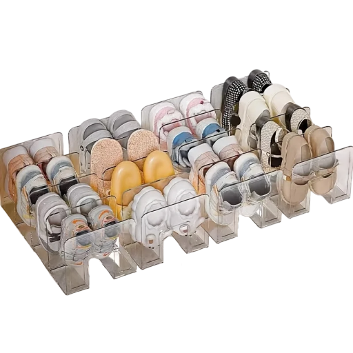 4 Stück Kunststoff-Schuhorganisatoren 32,3 x 14,4 x 13 cm Transparente Box mit Deckel 4 Fächer für Schuhe Aufbewahrungsbox für Haushalt und Kleiderschrank