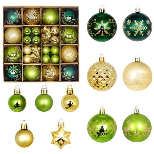 44 pcs Boules de Noël 3 - 6 cm Décorations vertes et dorées pour sapin Boules et étoiles pour décoration de Noël Différentes tailles
