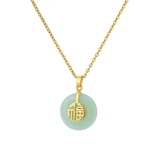 45 cm Gold Coloured Necklace with Green Stone Fu Symbol of Luck, Delicate Necklace with Circular Decorative Detail