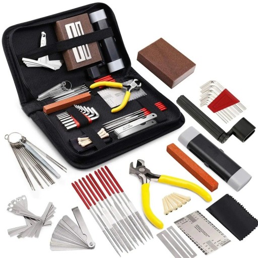 45-teiliges Gitarrenreparatur-Werkzeugset mit Tragetasche Komplettes Service-Werkzeug Stimmgerät, Stiftzieher, Schraubendreher, Lineale, Schraubenschlüssel