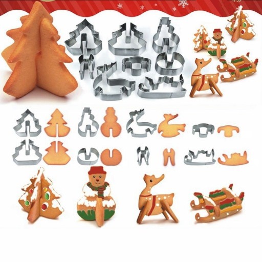 Jul 3D kakformar för staplade stående pepparkakor Set med 8 delar Gran snögubbe ren och släde Rostfritt stål För hemmabakning