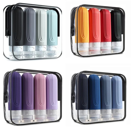 4er Set Reiseflaschen aus Silikon 90 ml in farbenfrohem Design. Wiederverschließbares Etui. Nachfüllbare Behälter für Shampoo und Creme.