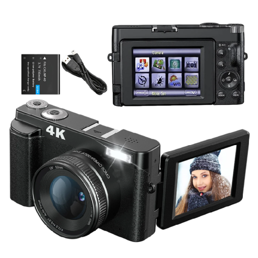 4K-Digitalkamera mit 3&quot; drehbarem Display und Blitz 48MP Webcam HDMI Micro-USB-Kabel Kappe Objektivtasche Gurt