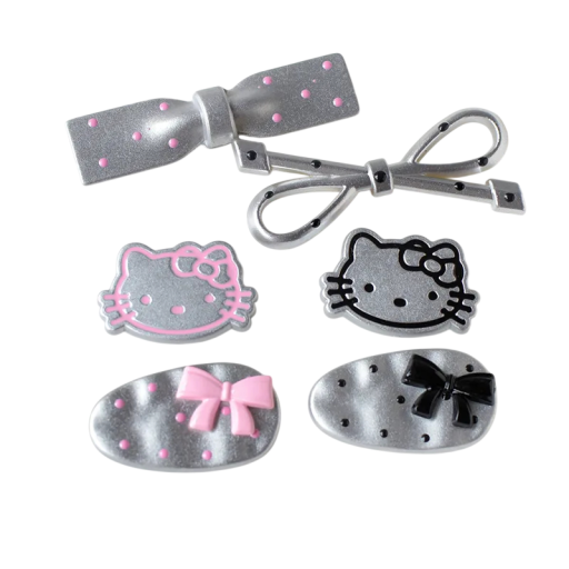 5 db dekoráció crocsra Hello Kitty masnikkal, cipődíszítő szett könnyű rögzítéssel a lábbeli stílusos kiegészítéséhez