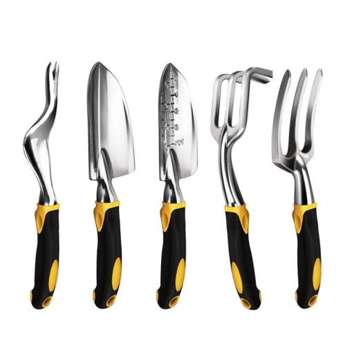 5-delt sæt af haveværktøj med ergonomisk håndtag, metal, sort-gule værktøjer til plantning, lugning, jordbearbejdning og omplantning