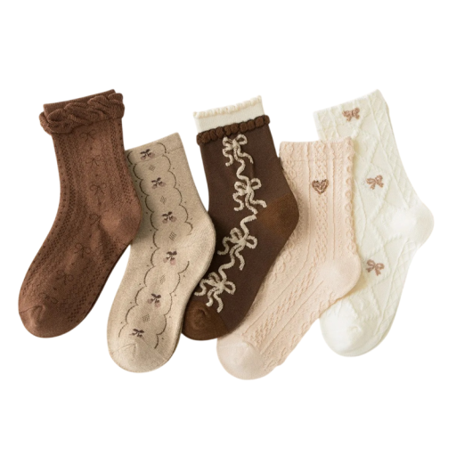 5 Pairs Children's Socks Cotton Polyester Elastane Brown Socks with Bows Comfortable Soft Children's Socks for Everyday Wear