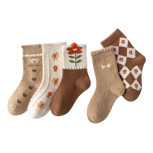 5 pares de Calcetines de Niña de Algodón Poliéster Elastano Calcetines Marrones con Estampado de Ositos y Flores Calcetines Infantiles Cómodos y Suaves