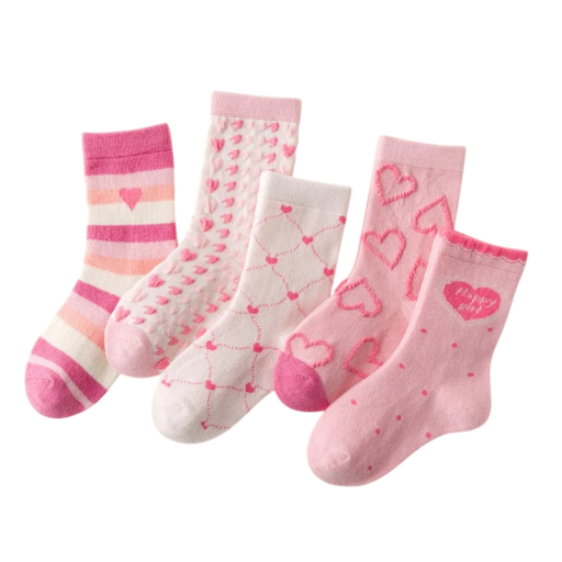 5 pares de Calcetines de Niña de Algodón Poliéster Elastano Calcetines Rosados con Corazones Calcetines Infantiles Suaves y Cómodos para Uso Diario