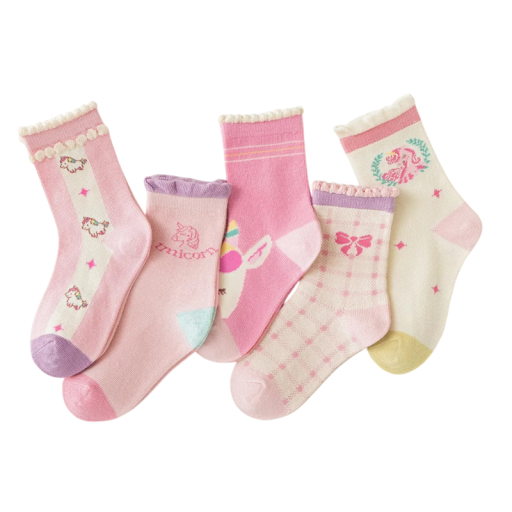 5 pares de Meias para Meninas em Algodão, Poliéster e Elastano Meias Rosa com Padrões e Desenhos de Unicórnios Meias Confortáveis para Crianças