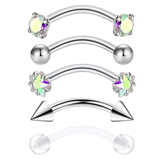 5 st Bågformade ögonbryns-piercingar 1,2 × 8 × 3 mm Rostfritt stål Konisk avslutning Kristallset