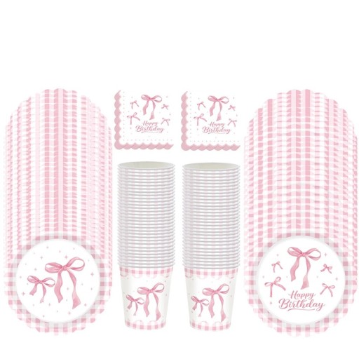 50 buc Set petrecere din carton Fundițe roz 10 farfurii 17,8 cm + 10 farfurii 22,9 cm + 10 pahare + 20 șervețele Set de zi de naștere
