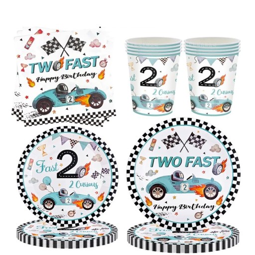 50 db Születésnapi parti szett Two Fast 10x tányér 17,8 cm 10x tányér 22,9 cm 10x pohár 20x szalvéta verseny témájú gyerekzsúr