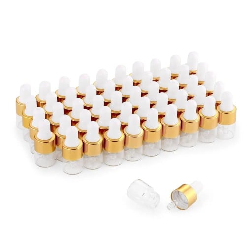 50 db Üveg fiolák pipettával 1 ml-es készlet gumis pipettával és arany kupakkal esszenciális olajokhoz és szérumokhoz