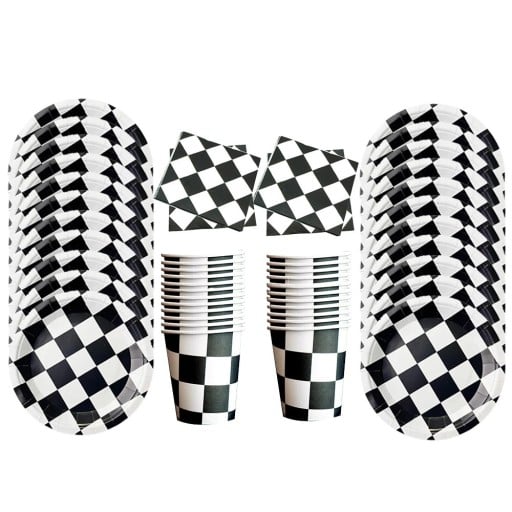 50 de bucăți Set de petrecere cu temă de curse cu tablă de șah 10× farfurie 17,8 cm 10× farfurie 22,9 cm 10× pahar 20× șervețel Petrecere de naștere