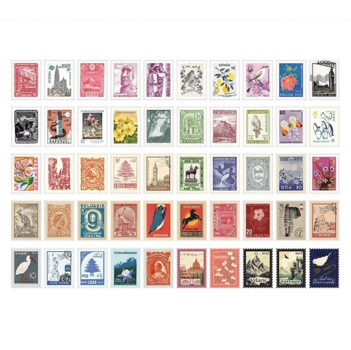 50 kpl historiallisilla aiheilla varustettuja postimerkkimuotoisia tarroja 30x40 mm koristeita ja luovia projekteja varten