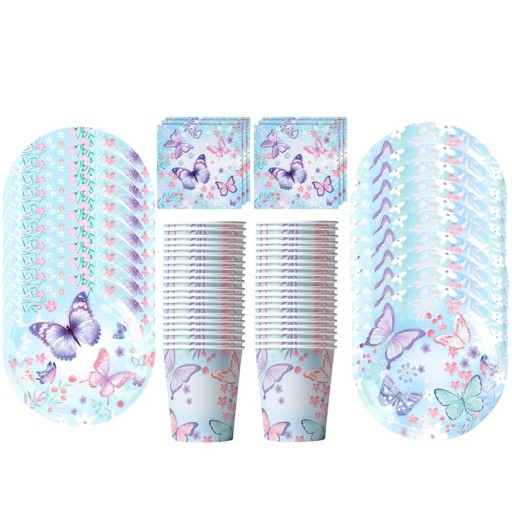50 pcs Ensemble de vaisselle de fête bleue avec des papillons 10× assiette 18 cm 10× assiette 23 cm 10× gobelet en papier 20× serviette Vaisselle jetable