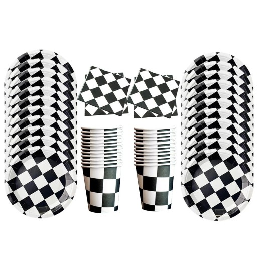 50 pcs Party Set Tableware Checkered Racing Theme 10× Plate 17.8 cm 10× Plate 22.9 cm 10× Cup 20× Napkin Birthday Racing Party