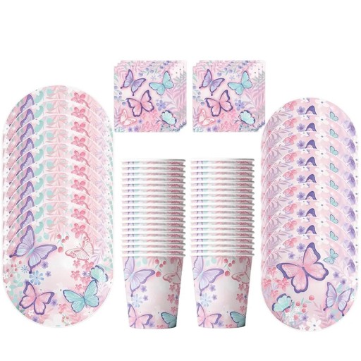 50 sztuk Zestaw naczyń na przyjęcie z motylami 10× talerz 18 cm 10× talerz 23 cm 10× papierowy kubek 20× serwetka Jednorazowe naczynia na dziecięce przyjęcie