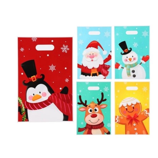 50 unidades de Bolsas de Regalo con Motivos Navideños Infantiles 25 x 16,5 cm Bolsas de Plástico con Asas para Pequeños Regalos y Dulces Empaque Navideño Alegre