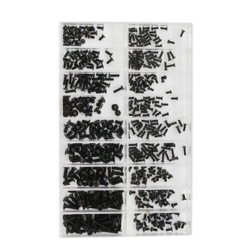 500 ks mini šroubky plochá, pan a tenká hlava 1.2–2.0 mm černá sada pro opravu notebooku, mobilu a brýlí