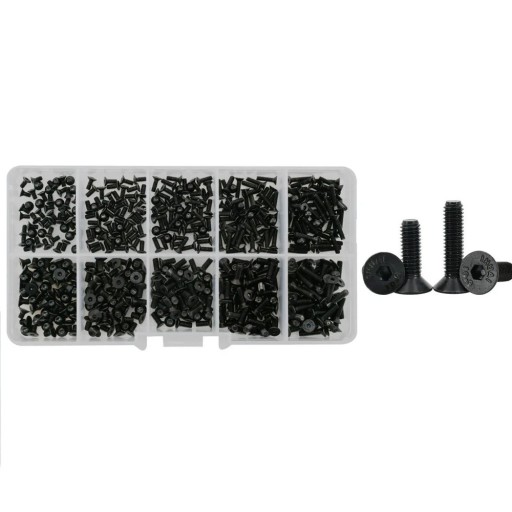 500 ks sada šroubů M2 a M2.5 plochá hlava 10.9 grade legovaná ocel černá barva různé velikosti pro montážní práce