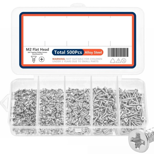 500 ks samořezné šrouby M2 s plochou hlavou sada 5 velikostí legovaná ocel stříbrná barva pro drobné montážní práce