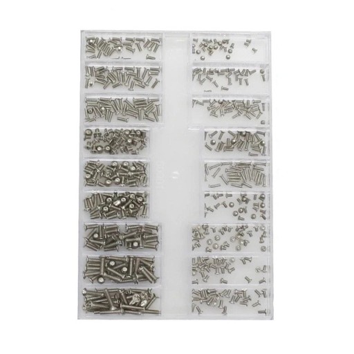 500 Stück Mini-Schrauben flache und dünne Köpfe 1.2–2.0 mm silberne Set zur Reparatur von Laptops, Mobiltelefonen und Brillen in einem Organizer