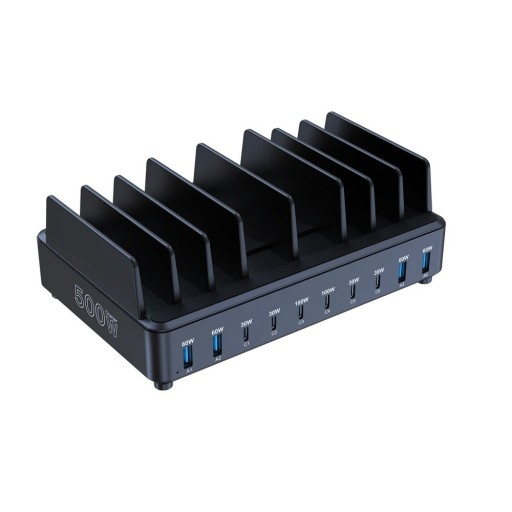 500W-os Napelemes Állomás 10 Porttal GaN USB-C USB-A AC 100–240V Fekete Asztali Gyors Töltő Telefonokhoz, Táblagépekhez, Laptopokhoz