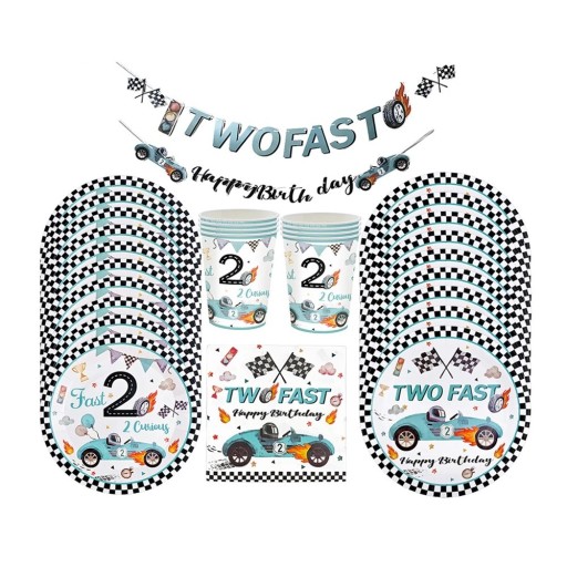 51 kpl Syntymäpäiväjuhlasetti Two Fast 10x lautanen 17,8 cm 10x lautanen 22,9 cm 10x kuppi 20x servetti 1x banneri kilpailuteemalla