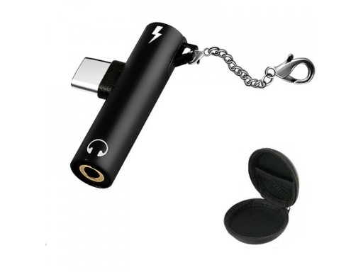 Adapter USB-C till 3,5mm jack och USB-C för att lyssna och ladda samtidigt Svart kropp av aluminiumlegering Nyckelring med karbinhake Fodral