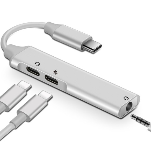 Adapter USB-C till 3,5mm jack och 2x USB-C för hörlurar med jack och USB-C samt laddning Silverfärgad kropp i aluminiumlegering Kort kabel