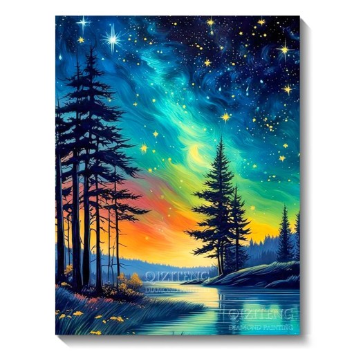 5D-Diamantgemälde, 30 x 40 cm, Nacht-Aurora über Wald und See, Mosaik-Stickerei, DIY-Set, komplett mit runden Strasssteinen, handgefertigt, Dekoration, Geschenk