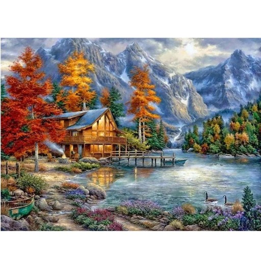 5D DIY pintura em diamante 30x40 cm Paisagem montanhosa de outono com cabana de madeira Pedras redondas completas Bordado Ponto cruz Decoração Presente