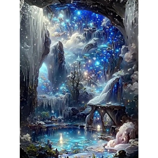 5D mosaico di diamante Grotta forestale con cascate 30x40 cm Paesaggio incantevole Quadro con perline rotonde Creazione manuale Decorazione per interni