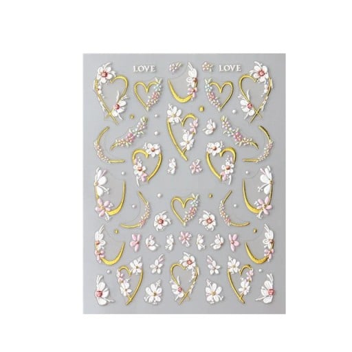 5D Sliders en relief kawaii fleurs pour ongles Lignes dorées Fleurs blanches de printemps Autocollants de mariage Décorations DIY Nail Art