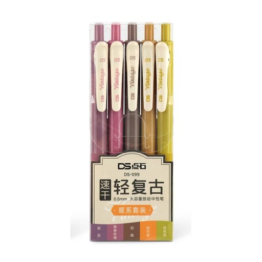 5er-Set Gelstifte 0,5 mm in warmen Vintage-Farben. Schnelltrocknende Tinte. Einziehbares Schreibzubehör für Schulplaner und Tagebücher.