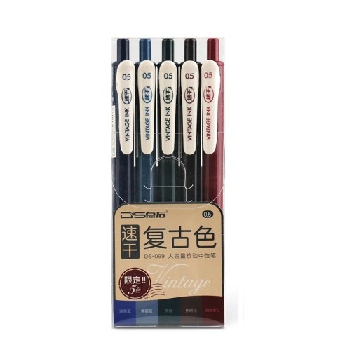5er-Set Gelstifte, 0,5 mm, schnelltrocknende Vintage-Tinte, einziehbares Schreibzubehör für Planung, Zeichnen, Schule, Büro, 145 mm
