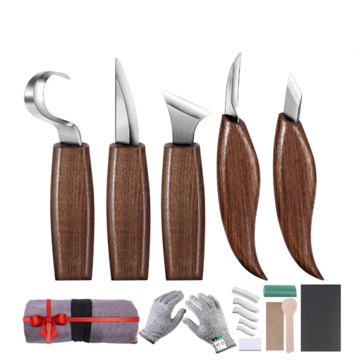 5er-Set Holzschnitzmesser Chromklingen Griffe aus Walnussholz Schutzhandschuhe Schnitzzubehör