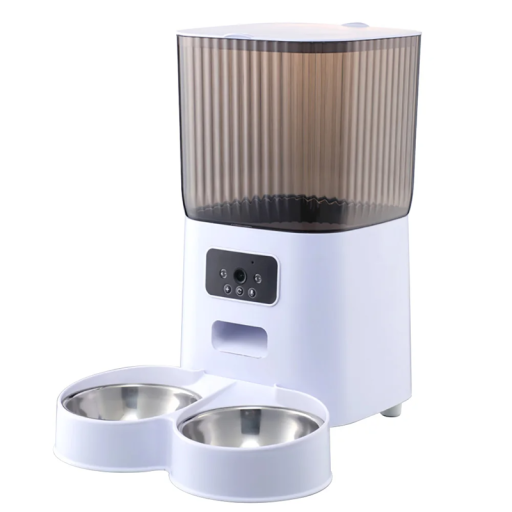 5L Automatic Cat Feeder Smart Food Dispenser with Built-in Camera Two Stainless Steel Bowls For Two Pets Feeding Monitoring
