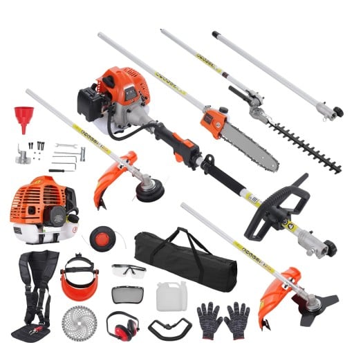 6-in-1 Multifunktions-Benzin-Gartenwerkzeugset mit Freischneider, Motorsense, Heckenschneider, Stabkettensäge und Zubehör zur Gartenpflege