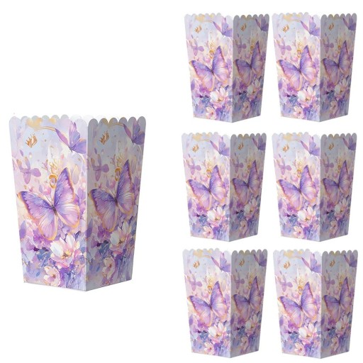6 kpl Paperisia popcorn-rasioita 11,5 × 7 × 5 cm Violetilla perhosaiheella Juhlarasioita makeisille ja popcornille lasten juhliin