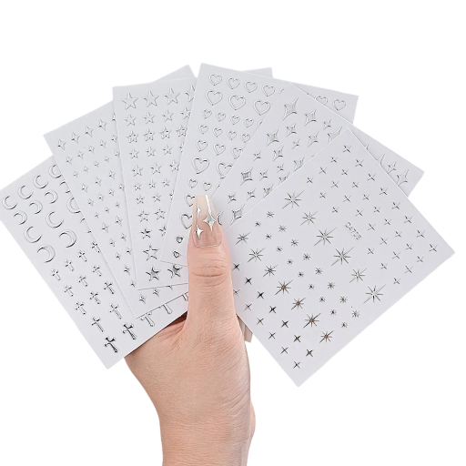 6 listů kovových stříbrných samolepek na nehty 3D hvězdy měsíce kříže srdce metalické obtisky dekorace manikúra nail art