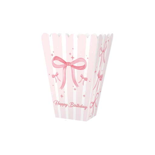 6 pcs Boîtes en papier pour popcorn 9,6 × 13,2 × 6,2 cm Rayures roses nœud Joyeux Anniversaire Boîte à bonbons