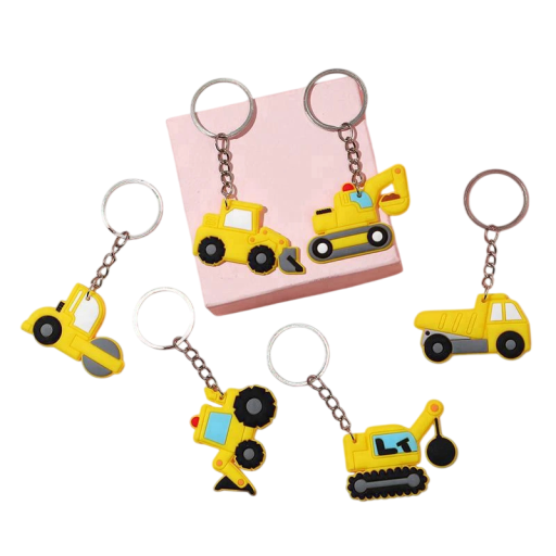 6 pcs Porte-clés Machines de construction en caoutchouc Pelle Rouleau Camion Porte-clés ou sac à dos Cadeau pour enfants thème de construction