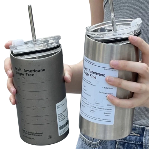 600 ml Stainless Steel 304 Travel Mug with Transparent Lid, Straw and Drinking Hole 9 x 16 cm Coffee and Tea Travel Mug